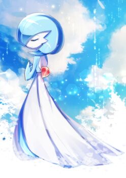 Rule 34 | 1girl, alternate color, back, blue hair, blue skin, blue sky, blue theme, bob cut, chisen maimai, closed eyes, closed mouth, cloud, colored skin, day, female focus, from behind, full body, gardevoir, gen 3 pokemon, hands up, happy, lens flare, multicolored skin, nintendo, on cloud, outdoors, own hands together, pokemon, pokemon (creature), profile, shiny pokemon, short hair, sky, smile, solo, standing, two-tone skin, u u, white skin