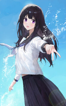 Rule 34 | 1girl, :d, absurdres, black skirt, blue necktie, blue sky, chitanda eru, day, highres, hyouka, jianjia, kyoto animation, long sleeves, looking at viewer, necktie, open mouth, outdoors, pleated skirt, purple eyes, school uniform, serafuku, shirt, skirt, sky, smile, white shirt