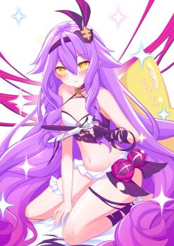 1girl absurdres artist_name bare_shoulders blush bra breasts chinese_commentary commentary_request cutting_clothes dated gloves hairband highres holding holding_scissors honkai_(series) honkai_impact_3rd long_hair looking_at_viewer magical_girl meow_maolai midriff navel purple_gloves purple_hair purple_hairband scissors seiza single_glove sirin sirin_(miracle_magical_girl) sitting skirt small_breasts solo thighs underwear very_long_hair white_background white_bra white_skirt yellow_eyes