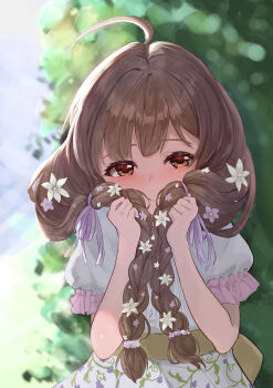 1girl absurdres ahoge blush braid brown_eyes brown_hair cannon_fodder closed_mouth commentary_request day dress flower hair_flower hair_ornament hakozaki_serika highres idolmaster idolmaster_million_live! idolmaster_million_live!_theater_days long_hair looking_at_viewer outdoors puffy_short_sleeves puffy_sleeves short_sleeves smile solo twin_braids upper_body white_dress