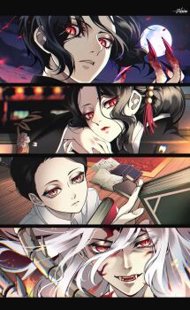 1girl 3boys abin_(cardinalhyuga_s) aged_down artist_name black_hair black_kimono blood blood_on_face blood_on_hands blurry book carpet child closed_mouth collared_shirt depth_of_field eyelashes facial_mark fangs fingernails floating_hair full_moon hair_between_eyes hair_bun hand_up head_rest highres holding holding_book indoors japanese_clothes jitome kibutsuji_muzan kibutsuji_muzan_(combat) kibutsuji_muzan_(female) kimetsu_no_yaiba kimono letterboxed lipstick long_hair makeup moon motion_blur multiple_boys multiple_persona night open_book portrait red_eyes red_lips red_nails sharp_fingernails shirt short_hair single_hair_bun sky slit_pupils smirk spikes spine split_screen spoilers tassel toshikuni_(kimetsu_no_yaiba) updo wavy_hair white_hair white_shirt wooden_floor