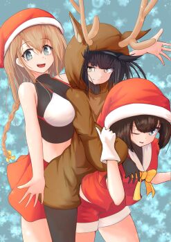 Rule 34 | absurdres, akizuki (kancolle), alternate costume, animal costume, antlers, black hair, black shirt, braid, breasts, brown hair, commentary request, fur-trimmed headwear, fur-trimmed shorts, fur trim, gloves, grey eyes, hair flaps, hair ornament, hat, hatsuzuki (kancolle), highres, horns, kantai collection, large breasts, long hair, low twin braids, one eye closed, propeller hair ornament, red hat, red shorts, red skirt, reindeer antlers, reindeer costume, santa hat, shirt, shorts, skirt, tastas, teruzuki (kancolle), twin braids, white gloves, yellow eyes