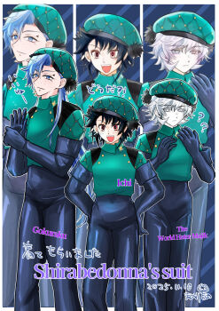 3boys ? absurdres black_hair blue_eyes blue_hair blush commentary_request cosplay dated elbow_gloves freckles gloves gokuraku_(madan_no_ichi) hat highres ichi_(madan_no_ichi) madan_no_ichi majik_(madan_no_ichi) multiple_boys red_eyes red_hair shirabedonna shirabedonna_(cosplay) translation_request unanamikan white_eyes white_hair world-hater_majik