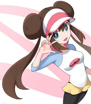 Rule 34 | 1girl, :d, black pantyhose, blue eyes, breasts, bright pupils, brown hair, commentary, double bun, english commentary, hair bun, hand up, highres, long hair, moroff3 (crostzard), nintendo, open mouth, pantyhose, pokemon, pokemon black 2 and white 2, raglan sleeves, rosa (pokemon), shirt, shorts, sidelocks, smile, solo, three-quarter sleeves, twintails, visor cap, w, white pupils, yellow shorts