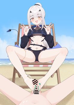 Rule 34 | 1girl, barefoot, beach, blush, censored, chair, clothed female nude male, cum, double v, ejaculation, fate/grand order, fate (series), feet, footjob, highres, long hair, lounge chair, melusine (fate), melusine (swimsuit ruler) (fate), nude, open mouth, ponytail, toes, v, white hair, wl217 (nicexa111), yellow eyes