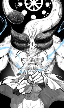 absurdres animal_ears blue_eyes center-flap_bangs chattino_(raora_panthera) cloak commentary cosplay double-parted_bangs english_commentary eye_trail goggles goggles_on_head greyscale high-waist_shorts highres hololive hololive_english hunk_404 jujutsu_kaisen light_trail long_hair looking_at_viewer mahoraga_(jujutsu_kaisen) mahoraga_(jujutsu_kaisen)_(cosplay) monochrome outstretched_arms panther_ears panther_girl raora_panthera raora_panthera_(1st_costume) shirt shorts spot_color very_long_hair virtual_youtuber wheel_of_dharma with_this_treasure_i_summon
