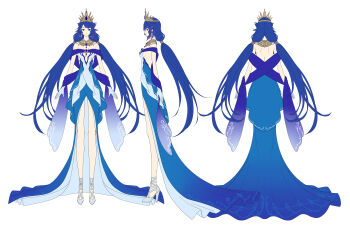 Rule 34 | 1girl, arms at sides, bare shoulders, blue dress, blue eyes, blue hair, blue shawl, breasts, commission, dress, flat color, from behind, from side, full body, gloves, high heels, highres, jewelry, long hair, long legs, looking at viewer, low twintails, multiple views, mytea (soso), necklace, original, reference sheet, shawl, skeb commission, small breasts, solo, tiara, twintails, very long hair, white background, white gloves