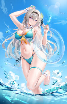 1girl absurdres alternate_costume ankle_wrap aqua_bikini arm_up bikini bird black_hairband blue_sky blurry blush bokeh breasts cleavage closed_mouth commentary_request day depth_of_field firefly_(honkai:_star_rail) food grey_hair hair_between_eyes hair_ornament hairband has_bad_revision has_downscaled_revision highleg highleg_bikini highres holding holding_food holding_popsicle honkai:_star_rail honkai_(series) innertube large_breasts long_hair looking_at_viewer md5_mismatch navel ocean one_side_up paid_reward_available partial_commentary popsicle purple_eyes resolution_mismatch seagull shallow_water single_bare_arm single_bare_shoulder skindentation sky smile solo source_smaller standing standing_on_one_leg stardust_(chen&#039;ai_weiding) stomach sunlight swim_ring swimsuit thigh_strap thighs transparent_innertube water wrist_wrap