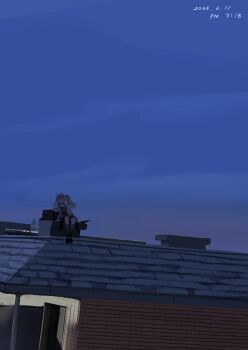 1girl 360_(taiyo360) absurdres angelina_(arknights) animal_ears arknights arm_rest black_shirt black_shorts blue_sky box brown_hair dated fox_ears fox_girl highres house jacket long_hair night on_roof open_clothes open_jacket outdoors shirt shoes shorts sitting sitting_on_object sky sneakers solo timestamp twintails wide_shot