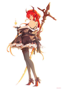 1girl absurdres arknights arknights:_endfield bare_shoulders black_dress black_jacket black_shoes black_thighhighs brown_horns commentary dated dress drop_shadow fire full_body hair_between_eyes hair_intakes high_heels highres horns huge_weapon jacket laevatain_(arknights) laevatein_(la3vatein) long_hair magic off_shoulder purple_eyes pyrokinesis red_hair revision shoe_soles shoes simple_background solo standing surtr_(arknights) sword thigh_strap thighhighs weapon white_background