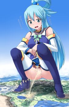 aqua_(konosuba) ass blue_eyes blue_hair blue_thighhighs detached_sleeves giant high_heels highres kono_subarashii_sekai_ni_shukufuku_wo! long_hair open_mouth peeing pussy thighhighs
