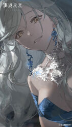Rule 34 | 1girl, absurdres, bare shoulders, blue dress, breasts, cleavage, copyright name, copyright notice, dress, eternity (reverse:1999), grin, highres, jellyfish earrings, jewelry, large breasts, logo, long hair, looking at viewer, necklace, off-shoulder dress, off shoulder, official art, official wallpaper, reverse:1999, sidelighting, smile, solo, teeth, upper body, white hair, yellow eyes