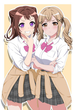 2girls absurdres bang_dream! blonde_hair blush bow breasts brown_eyes brown_hair brown_jacket commentary_request feet hanasakigawa_school_uniform highres ichigaya_arisa jacket large_breasts long_hair looking_at_viewer multiple_girls popi_kasumi purple_eyes school_uniform shirt short_hair skirt smile standing sweat teeth toyama_kasumi twintails v white_shirt