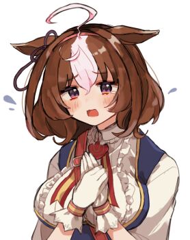 1girl @_@ ahoge animal_ears between_breasts bow breasts brown_hair commentary_request ear_ribbon flying_sweatdrops gloves hair_between_eyes hairband hands_on_own_chest horse_ears horse_girl looking_at_viewer manjuu_kowai_(pixiv_29151059) medium_hair meisho_doto_(turbulent_blue)_(umamusume) meisho_doto_(umamusume) multicolored_hair pink_hairband purple_eyes simple_background solo strap_between_breasts tearing_up two-tone_hair umamusume upper_body white_background white_gloves white_hair