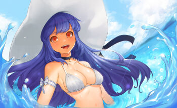 1girl absurdres bikini blue_hair blue_ribbon bra breasts brown_eyes choker cloud cloudy_sky hair_between_eyes halterneck hat highres large_hat looking_at_viewer medium_breasts navel ocean open_mouth original ribbon ripples sanj shine sky smile splashing swimsuit underwear waves white_bikini