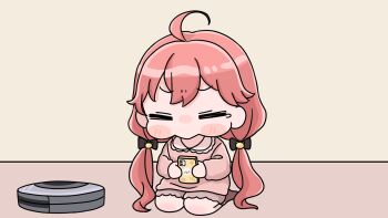 1girl ahoge black_bow blush_stickers bow brown_shorts brown_socks cellphone chibi closed_eyes collared_shirt facing_viewer hair_bow highres holding holding_phone hololive indoors long_hair low_twintails mochimiko no_shoes on_floor phone pink_hair pink_shirt ribbon-trimmed_socks ribbon_trim robotic_vacuum_cleaner sakura_miko seiza shirt shorts sitting socks solo tears twintails very_long_hair virtual_youtuber yurie_mouth