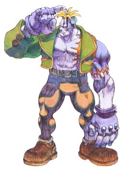 Rule 34 | 1boy, belt, bengus, blonde hair, blue skin, bolt (hardware), brown shoes, colored skin, darkstalkers, fingerless gloves, full body, game cg, gloves, highres, jacket, non-web source, official art, open clothes, open jacket, pants, scar, scar on arm, scar on chest, scar on face, scratching head, shoes, simple background, solo, spiked hair, victor von gerdenheim, white background