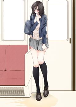 1girl absurdres bag black_socks blue_jacket blush breast_pocket breasts brown_hair brown_shoes brown_sweater closed_mouth collared_shirt door embarrassed female_focus full_body grey_skirt highres jacket kneehighs knees_together_feet_apart legs long_hair long_sleeves miniskirt mitarashi_(mitaray_3) open_clothes open_jacket original pee peeing peeing_self pleated_skirt pocket puddle seat shirt shoes shoulder_bag sidelocks skirt skirt_tug small_breasts socks solo split_mouth standing sweat sweater tears thighs train_interior wet wet_clothes white_shirt window