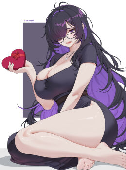 1girl absurdres artist_name barefoot black-framed_eyewear black_dress black_hair box breasts cleavage colored_inner_hair commentary dress english_commentary feet glasses goddess_of_victory:_nikke hair_over_one_eye heart-shaped_box highres holding jewelry label_(nikke) large_breasts legs light_blush long_hair looking_at_viewer looking_over_eyewear melowh messy_hair mole mole_on_breast multicolored_hair necklace one_eye_covered parted_lips purple_eyes purple_hair short_sleeves side_slit sitting skull_necklace solo thighs toes two-tone_hair very_long_hair wavy_mouth yokozuwari