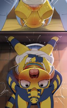 1boy 1girl animal_crossing animal_ears ankha_(animal_crossing) artificial_vagina_with_body black_eyes blush cat_ears character_name dagasi furry furry_female hetero highres nintendo open_mouth penis sex tears telepathic_sex uncommon_stimulation