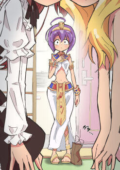 3girls ahoge apron bag blonde_hair blue_bow blush bow clothing_request demon_girl dragon_tail eyepatch gothic_lolita hair_bow hanazono_yurine hat highres huge_ahoge jashin-chan jashin-chan_dropkick kneeling lolita_fashion long_hair maid maid_apron medical_eyepatch medusa_(jashin-chan_dropkick) mini_hat mini_top_hat multiple_girls purple_hair red_hair sandals short_hair surprised tail top_hat topless_female twintails yuri yusuke457210439