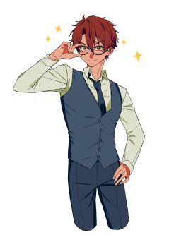 1boy adjusting_eyewear bespectacled blue_necktie brown_eyes brown_hair buttons closed_mouth collared_shirt commentary_request cropped_legs ensemble_stars! fingerless_gloves glasses gloves hair_between_eyes hand_on_own_hip hand_up highres long_sleeves looking_at_viewer male_focus morisawa_chiaki necktie nhs911458141906 pants shirt short_hair simple_background smile solo sparkle vest white_background white_shirt