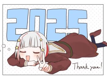 Rule 34 | 1girl, 2025, black pantyhose, border, brown dress, brown shoes, commentary request, dress, facing viewer, hair ornament, hasu no sora school uniform, link! like! love live!, long sleeves, love live!, lying, medium dress, multicolored hair, nagisa iori, on stomach, pantyhose, polka dot, polka dot background, red streaks, sailor collar, sailor dress, school uniform, shoes, solo, star (symbol), star hair ornament, streaked hair, thank you, v, virtual youtuber, white border, white hair, white sailor collar, winter uniform, yugiri tsuzuri