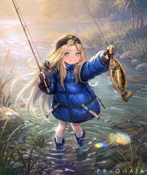 1girl absurdres animal arm_up backlighting backwards_hat baseball_cap bass_(fish) black_gloves black_hat black_trim blonde_hair blue_boots blue_coat blush boots cattail coat commentary_request copyright_logo diana_(pragmata) dot_nose fingerless_gloves fish fishing fishing_line fishing_rod floating_hair foliage full_body gloves green_eyes grin hat hat_ornament highres holding holding_animal holding_fish holding_fishing_rod kneehighs leaf lens_flare logo long_hair long_sidelocks looking_at_viewer loose_hair_strand morning na+ nature open_mouth outdoors padded_coat parted_bangs plant pragmata puffy_coat puffy_sleeves raised_eyebrows reeds ripples river riverbank rock rubber_boots sidelocks smile socks solo standing star_(symbol) star_hat_ornament stick sunlight tree very_long_hair wading water water_drop white_socks zipper