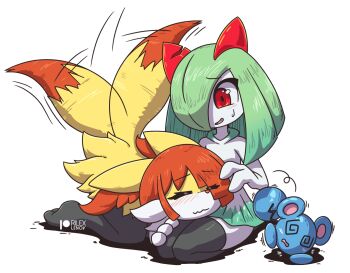 2girls =_= @_@ afterimage animal_ear_fluff animal_ears animal_nose artist_name azurill black_fur black_thighhighs blush body_fur braixen closed_eyes closed_mouth crack dress female_focus flat_chest fox_ears fox_girl fox_tail furry furry_female gen_3_pokemon gen_6_pokemon gradient_hair green_hair hair_over_one_eye happy kirlia kneeling lap_pillow light_blush long_hair long_sleeves looking_at_another motion_lines multicolored_fur multicolored_hair multiple_girls nintendo one_eye_covered open_mouth patreon_logo patreon_username pokemon pokemon_(creature) raised_eyebrows red_eyes red_hair rilex_lenov seiza short_dress short_hair sidelocks simple_background sitting smile sweat tail tail_wagging thighhighs trembling watermark wavy_mouth white_background white_dress white_fur yellow_fur