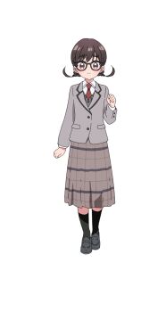 1girl absurdres brown_eyes brown_hair flat_chest full_body glasses highres iin_chiyo kimi_no_koto_ga_dai_dai_dai_dai_daisuki_na_100-nin_no_kanojo medium_hair necktie official_art ohananomitsu_high_school_uniform plaid_clothes plaid_skirt red_necktie school_uniform short_twintails simple_background skirt smile solo transparent_background twintails