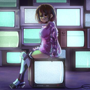 1girl absurdres animal_hood black-framed_eyewear black_gloves brown_hair commentary crt english_commentary from_side full_body gloves hair_between_eyes highres hololive hood hood_down hoodie long_sleeves looking_at_viewer looking_to_the_side mechanical_legs orange_eyes purple_hoodie rabbit_hood roboco-san roboco-san_(hoodie) round_eyewear short_hair sitting sleeves_past_wrists solo static takuyarawr teardrop-framed_glasses television thighhighs virtual_youtuber
