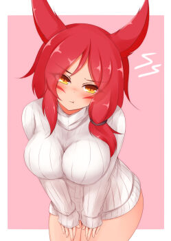 1girl :t alternate_costume animal_ears annoyed ayatori_(aytr) breasts closed_mouth cowboy_shot dot_nose embarrassed facial_mark female_focus hands_on_own_thighs highres large_breasts league_of_legends leaning_forward long_hair long_sleeves looking_at_viewer pov red_hair sleeves_past_wrists slit_pupils solo standing sweater tsundere turtleneck variant_set vastaya white_sweater wide_hips xayah yellow_eyes
