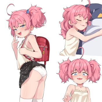 1girl @_@ accidental_exposure ahoge ass backpack bag bare_arms bare_shoulders black_skirt blue_archive blue_eyes blush camisole closed_eyes clothes_lift commentary fang female_focus from_side furrowed_brow hair_bobbles hair_down hair_ornament half-closed_eyes hand_to_own_mouth highres hugging_object jojifuku loli mesugaki miniskirt momoka_(blue_archive) multiple_views onion_(tamanegi) paid_reward_available panties pillow pillow_hug pink_hair polka_dot polka_dot_skirt randoseru romaji_commentary short_hair simple_background skirt skirt_caught_on_object skirt_lift sleeping smile smirk smug standing sweat thighhighs twintails underwear wedgie white_background white_camisole white_panties white_thighhighs