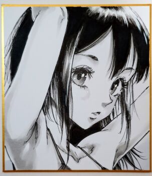 1girl armpits arms_up closed_mouth collarbone commentary_request double-parted_bangs expressionless eyelashes from_side greyscale long_hair looking_at_viewer looking_to_the_side makomako1061 monochrome original photo_(medium) portrait shikishi solo traditional_media