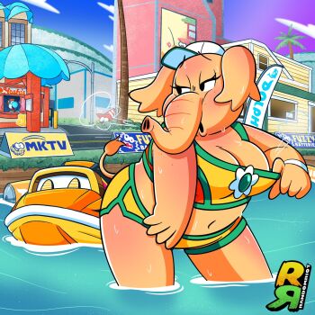 1girl animal_ears artist_logo breasts building cleavage day dolphin_shorts elephant_daisy elephant_ears elephant_girl elephant_tail furry furry_female hat highres jet_ski logo looking_to_the_side mario_(series) mario_kart mario_kart_world navel nintendo official_alternate_costume outdoors palm_tree princess_daisy princess_daisy_(swimwear)_(mario_kart_world) shorts solo sports_bra standing super_mario_bros._wonder tree water watercraft white_hat wrandomwriot yellow_shorts yellow_sports_bra