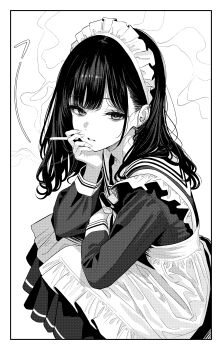 Rule 34 | 1boy, absurdres, apron, between fingers, border, cigarette, cross, cross earrings, crossdressing, crossdressing (mtf), ear chain, ear piercing, earrings, endo yurika (turisasu), from side, greyscale, hand on own cheek, hand on own face, highres, holding, holding cigarette, jewelry, linked piercing, long hair, long sleeves, looking at viewer, maid, maid apron, maid headdress, male focus, male maid, monochrome, original, parted lips, piercing, pleated skirt, sailor collar, school uniform, shirt, skirt, smoke, smoke trail, smoking, solo, squatting, translated, trap, turisasu