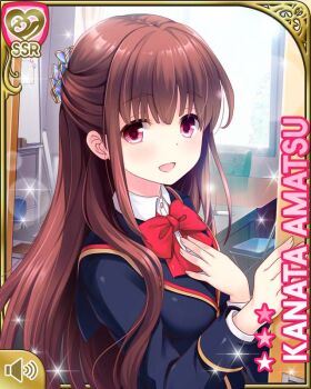 1girl amatsu_kanata bow bowtie brown_hair brown_shoes card_(medium) character_name full_body girlfriend_(kari) hair_ornament jacket loafers long_hair miniskirt official_art qp:flapper red_bow red_bowtie red_eyes red_skirt school_uniform scrunchie shirt shoes skirt smile solo standing
