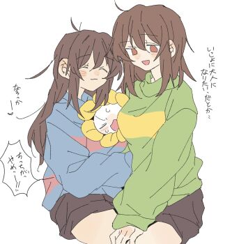 Rule 34 | 1boy, 2girls, asechiruk, blue sweater, blush stickers, breasts, brown hair, brown shorts, chara (undertale), closed eyes, closed mouth, commentary request, dot nose, flowey (undertale), frisk (undertale), genderswap, genderswap (otf), green sweater, hair between eyes, highres, light smile, long hair, long sleeves, looking at another, medium breasts, medium hair, multiple girls, open mouth, red eyes, shorts, simple background, sleeves past fingers, sleeves past wrists, sweater, translation request, undertale, utdr (toby fox), white background