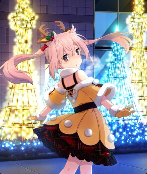 Rule 34 | 1girl, antlers, black tank top, blush, bow, breath, brown eyes, building, christmas, christmas lights, dot nose, double-parted bangs, dress, floating hair, from behind, fur-trimmed dress, fur-trimmed gloves, fur collar, fur trim, game cg, gloves, hair bow, hair horns, hair ornament, holly hair ornament, horns, layered skirt, long hair, looking at viewer, looking back, mashiko kaoru, night, nose blush, off-shoulder dress, off shoulder, official art, orange dress, orange gloves, outdoors, outstretched arms, pink hair, plaid clothes, plaid skirt, pom pom (clothes), red bow, red skirt, reindeer antlers, sidewalk, skirt, solo, spread arms, tank top, third-party source, tile wall, tiles, toji no miko, toji no miko: kizamishi issen no tomoshibi, twintails