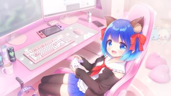 1girl animal_ear_fluff animal_ears blue_eyes blue_hair blue_skirt blush carpet cellphone chair computer computer_keyboard computer_mouse computer_tower controller cup desk energy_drink frills gaming_chair hair_between_eyes hair_ornament hair_ribbon headphones heart heart-shaped_pillow highres kuroa_(utaite) long_sleeves monitor mug necktie nintendo_switch paw_print phone pillow ribbon shirt skirt sleeves_past_wrists smile stuffed_toy swivel_chair tagme thighhighs