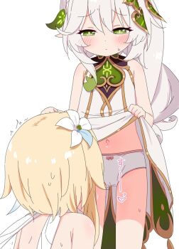 2girls azbchan1221 blonde_hair blush bow bow_panties clothes_lift dress dress_lift flower genshin_impact green_eyes hair_flower hair_ornament highres lifting_own_clothes loli long_hair lumine_(genshin_impact) multiple_girls nahida_(genshin_impact) navel panties side_ponytail sleeveless sleeveless_dress underwear white_dress white_hair white_panties yuri