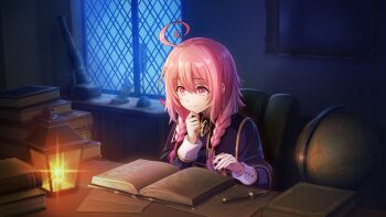Rule 34 | 1girl, ahoge, blue capelet, blue jacket, blue necktie, book, book stack, braid, capelet, chair, collared shirt, double-parted bangs, game cg, globe, hair between eyes, hand on own chin, highres, indoors, jacket, kage no jitsuryokusha ni naritakute!, kage no jitsuryokusha ni naritakute! master of garden, lamp, long hair, long sleeves, looking at object, low twin braids, midgar academy school uniform, necktie, nib pen (object), night, non-web source, on chair, open book, paper, pen, pink eyes, pink hair, school uniform, sherry barnett, shirt, short necktie, sitting, smile, solo, table, twin braids, twintails, white shirt, window, wrist cuffs