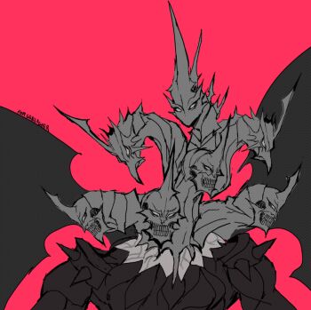 clenched_teeth demon dragon_boy genc horns monster multiple_heads no_lips satan_(megami_tensei) shin_megami_tensei shin_megami_tensei_v shoulder_spikes single_horn solo spikes teeth wings