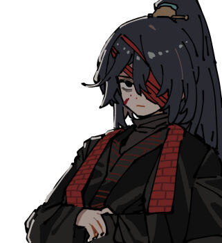 1boy bags_under_eyes bandage_over_one_eye black_coat black_hair blood blood_on_face closed_mouth coat expressionless family_hierarch_candidate_(identity)_(project_moon) high_ponytail hong_lu_(project_moon) limbus_company long_hair looking_at_viewer pinch_(nesume) ponytail project_moon red_bandage simple_background solo very_long_hair white_background