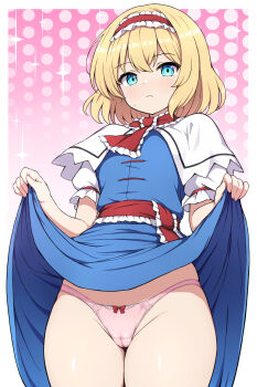1girl alice_margatroid blonde_hair blue_eyes blue_skirt blush capelet closed_mouth clothes_lift commentary_request frilled_hairband frills gradient_background hairband highres lifting_own_clothes looking_at_viewer panties pink_background pink_panties polka_dot polka_dot_background red_hairband rizento short_hair short_sleeves skirt skirt_lift solo touhou underwear white_capelet