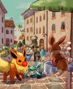 building cloud commentary_request cup day door eevee espeon flareon gen_1_pokemon gen_2_pokemon gen_4_pokemon glaceon jolteon leafeon matsuri_(matsuike) nintendo no_humans outdoors pokemon pokemon_(creature) pokemon_focus sky standing steam table umbreon vaporeon window