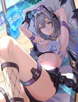 1girl alternate_breast_size_(larger) beach black_shorts breasts chair commentary_request crop_top fishnet_socks fishnets goggles grey_eyes grey_hair highres holding holding_goggles holographic_monitor honkai:_star_rail honkai_(series) large_breasts long_hair looking_at_viewer lying midriff nao_(naoooo_a) navel ocean on_chair shorts silver_wolf_(honkai:_star_rail) silver_wolf_(lv.999)_(honkai:_star_rail) smile socks solo thighs very_long_hair