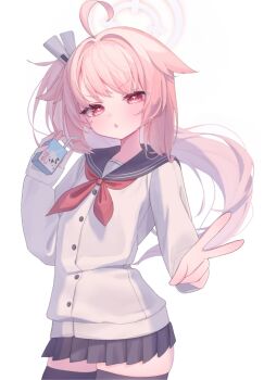 0219_142 1girl :o ahoge black_sailor_collar black_skirt black_thighhighs blue_archive buttons cowboy_shot dot_nose drink_carton hair_flaps halo highres holding holding_juice_box huge_ahoge juice_box long_hair long_sleeves looking_at_viewer milk_carton miniskirt natsu_(blue_archive) neckerchief parted_lips pink_hair pink_halo pleated_skirt ponytail red_eyes red_neckerchief sailor_collar school_uniform shirt side_ponytail simple_background skirt solo standing thighhighs v v-shaped_eyebrows white_background white_shirt