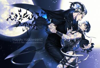 2boys absurdres arm_around_back artist_name bandaged_arm bandaged_hand bandaged_head bandaged_leg bandages bat_(animal) black_cloak black_hair black_pants blonde_hair chest_strap claws cloak dated erwin_smith fangs fingernails full_moon half-closed_eyes happy_halloween highres holding_hands horns levi_(shingeki_no_kyojin) long_fingernails looking_at_another male_focus moon mskei multiple_boys pants pointy_ears sharp_fingernails sheep_horns shingeki_no_kyojin short_hair stitched_arm stitched_face stitches twitter_username yaoi