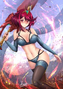 1girl bikini blue_bikini blush fire highres pyra_(xenoblade) red_eyes red_hair red_sword swimsuit sword weapon xenoblade_chronicles_(series) xenoblade_chronicles_2